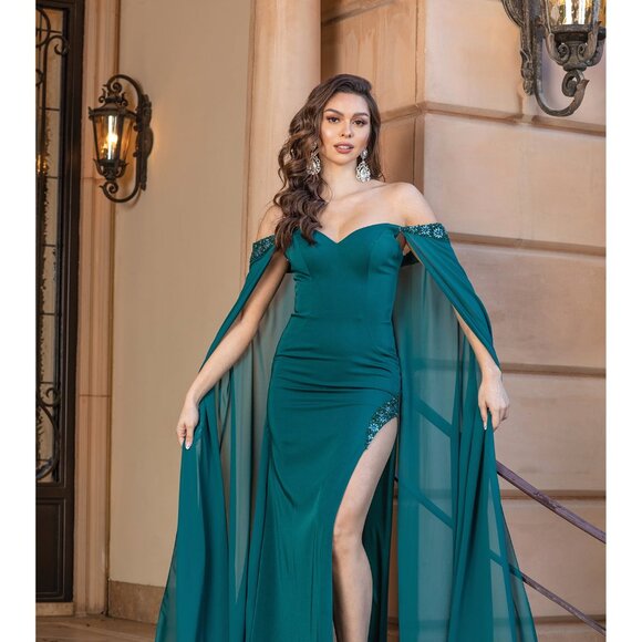 New Off Shoulder Sheath Dress w/ Beads Embroidery & Shoulder Drapes DQ 4306 - Picture 3 of 9